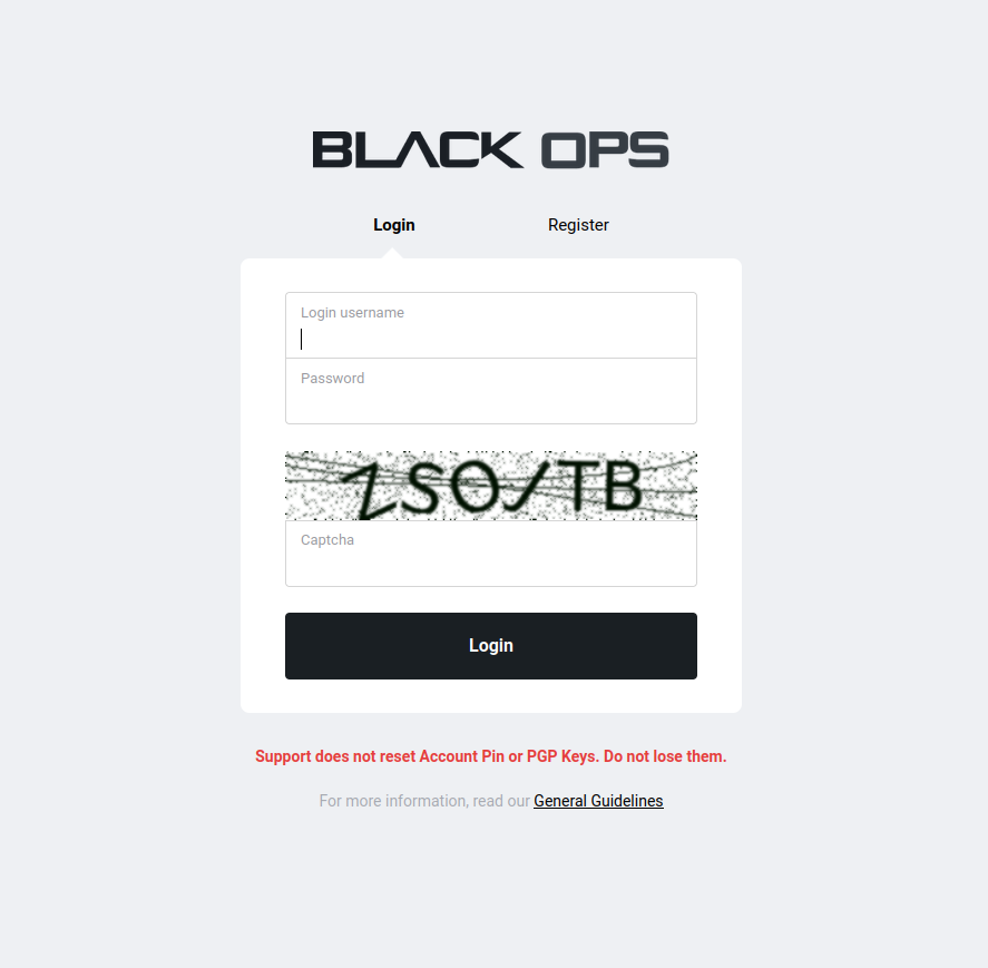 BlackOps Market login page interface on darknet